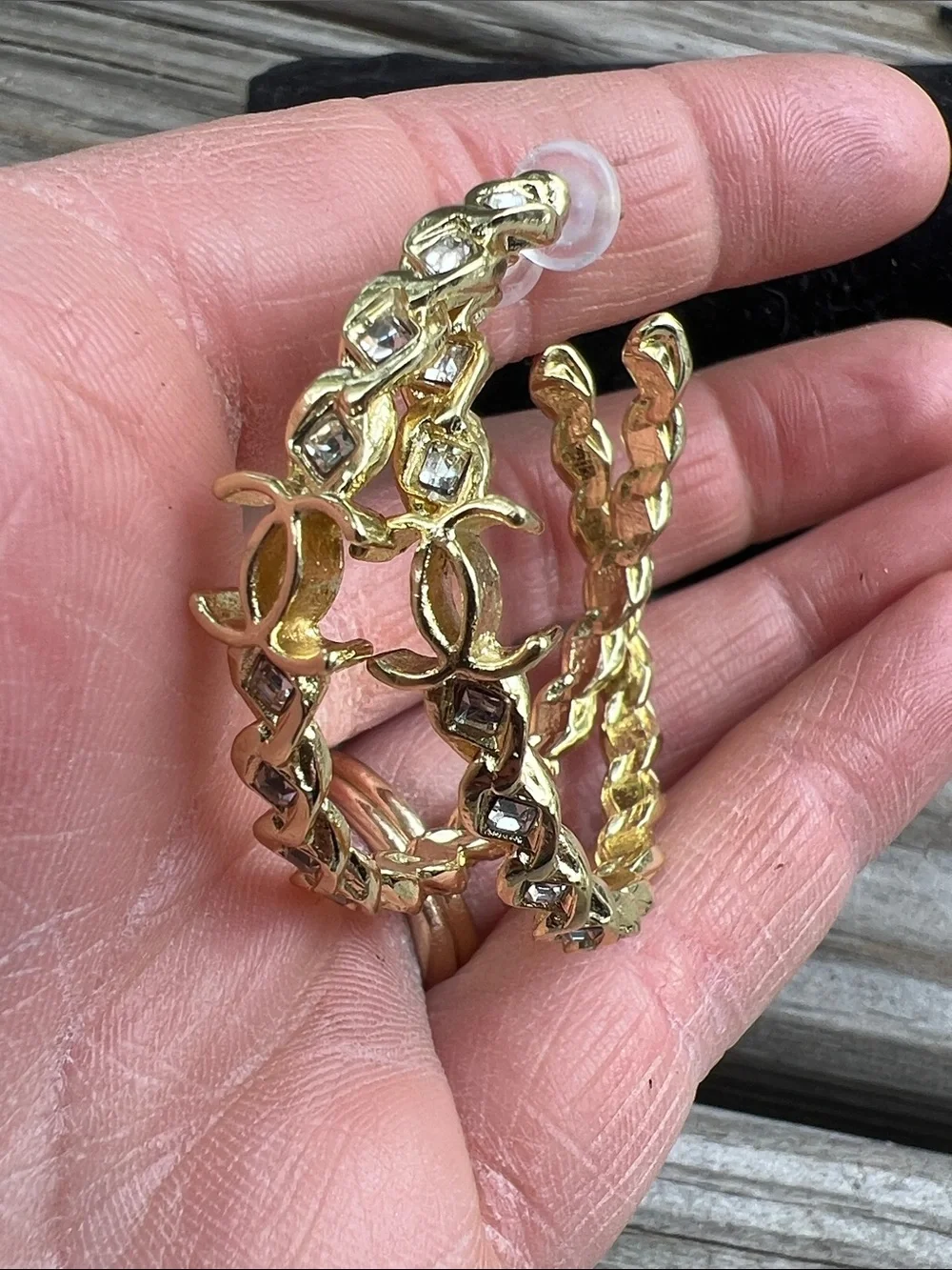 CHANEL Gold-Tone Hoop Earrings with Crystal Accents - Picture 7 of 14